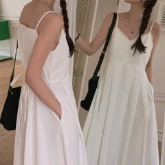 Lunivop  Ele Vintage Simple Gentle Lace Trim V-ne Slimming Pleated Svel Strapl Dr High Waist Polyester Fiber