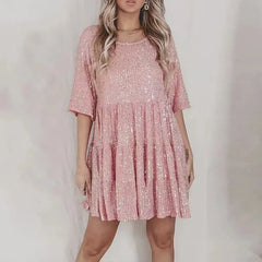 Lunivop  Elegant Fashion Sequins Round Neck Loose Short-sleeved Dress Dinner Dress Plus-size Women's Clothing