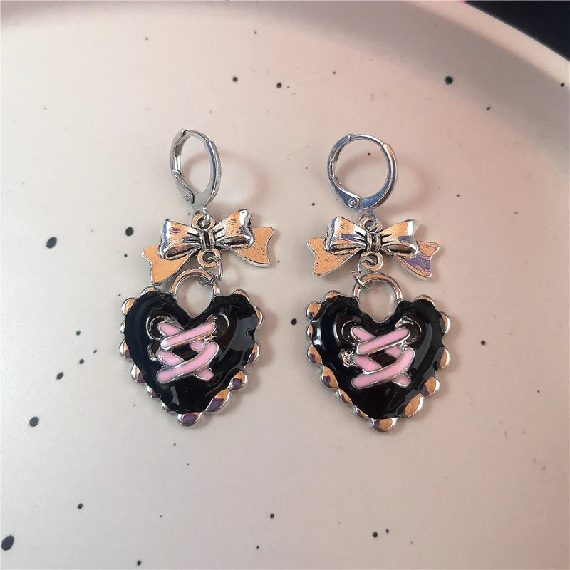 Lunivop Goth Cute Bowknot Black Cat Heart Drop Earrings For Women Crystal Star Ear Buckle Fashion Y2K Charm EMO Jewelry Accessories Gift