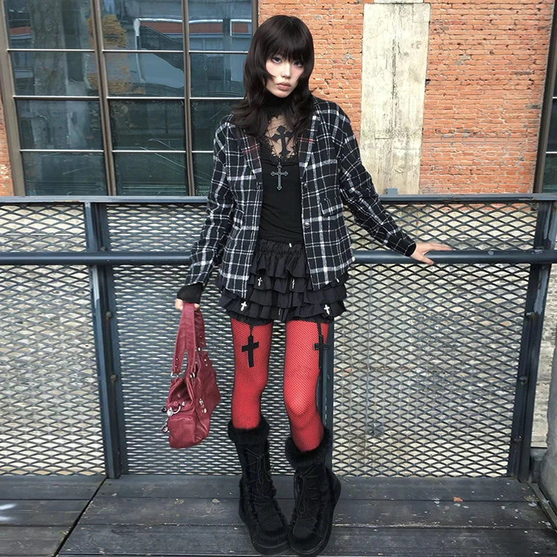 Lunivop Y2k Gothic T Shirt Women Hollow Out Patchwork Vintage Crop Tops Streetwear American Retro Grunge Tops Aesthetic Tshirt