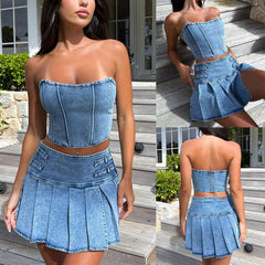 Lunivop  Vacation Outfits Women Denim Skirt Sets Summer New Strapless Crop Tops Y2k Clothes Two Piece Sets Sexy Pleated Skirt New