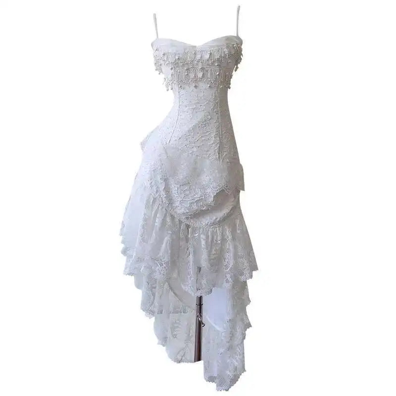 Lunivop New Elegant Temperament 3D Jacquard Lace Dress Socialite Style Irregular Suspender Strapless Long Dresses