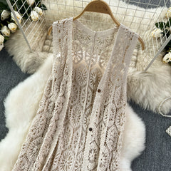Lunivop Longline Crochet Cardigan Button Front Sleeveless Sheer Open-knit Long Cover-up Jacket Women Summer Beach Vacation Outfit