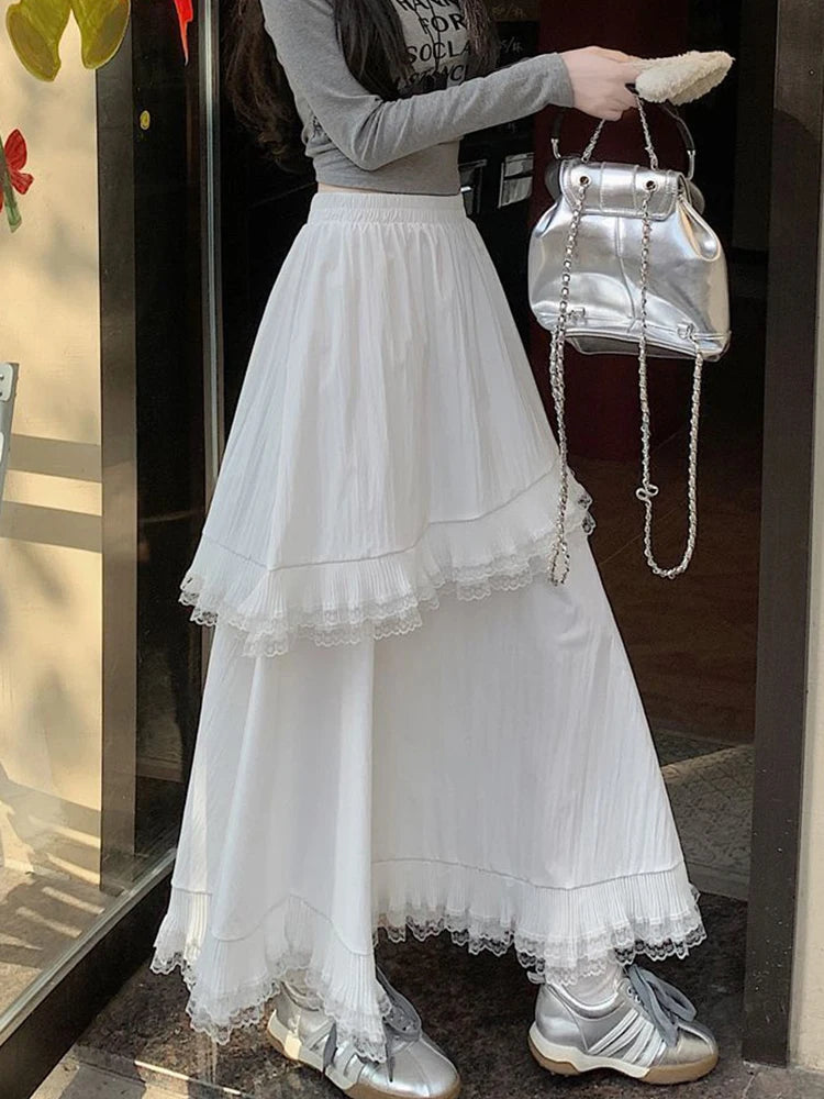 Lunivop Ruffles White Long Skirt Women High Waist Sweet Lace Patchwork Skirts Vintage Casual Loose Korean Female Summer Skirts New