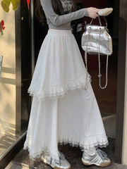 Lunivop Ruffles White Long Skirt Women High Waist Sweet Lace Patchwork Skirts Vintage Casual Loose Korean Female Summer Skirts New