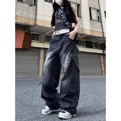 Lunivop Black Jeans Women American Style Y2K 90S Vintage High Waisted Jean Straight Trouser Streetwear Casual Loose Wide Leg Denim Pants