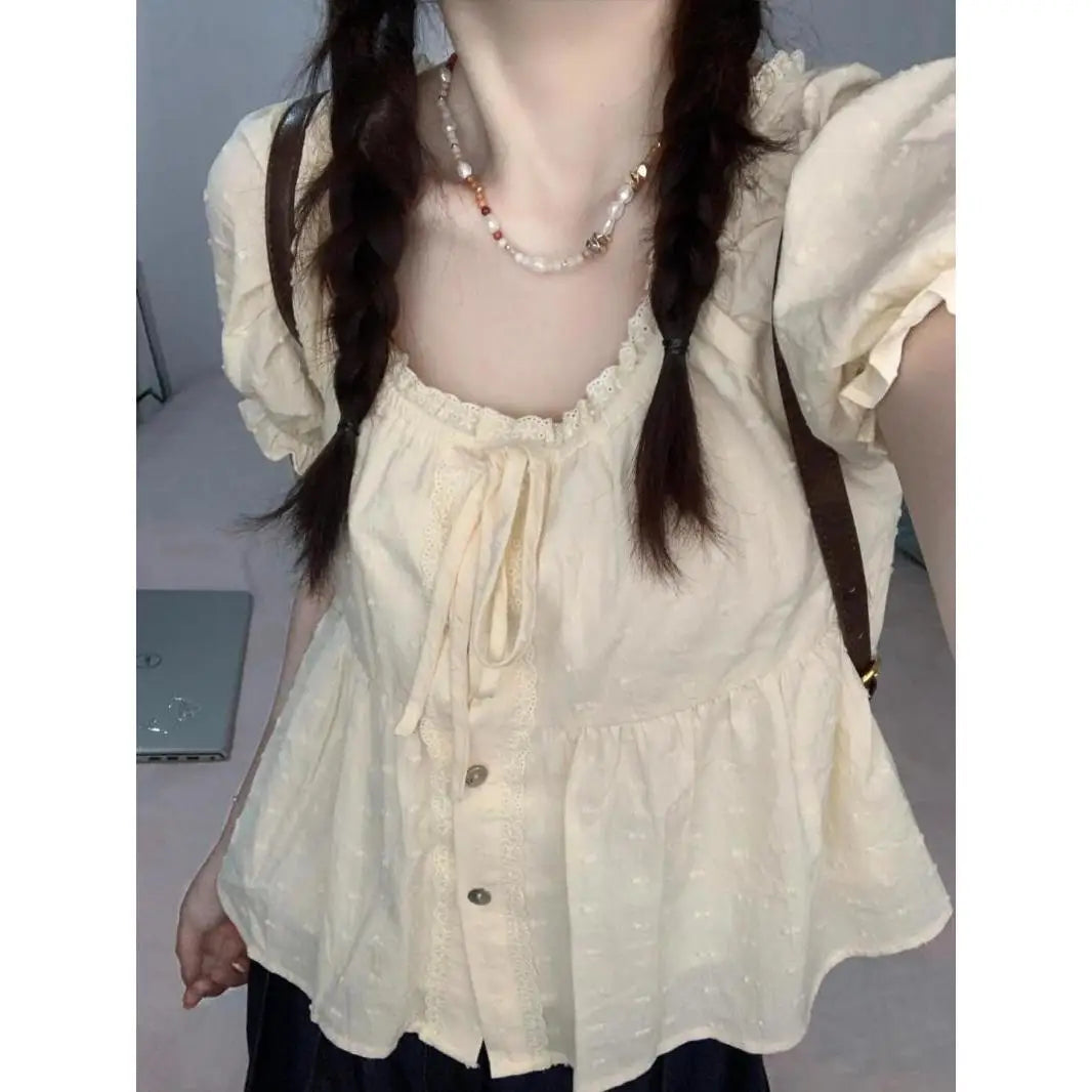 Lunivop  Elegant Sweet Lace Square Collar Blouses Y2k E-Girl Single Breaste Shirts Women 2025 Summer New Puff Sleeve  Blusas Mujer