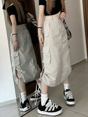 Lunivop American Retro Streetwear Cargo Skirt Women Fashion Slit Hip Hop Midi Skirts Summer High Waist Drawstring Pockets Skirt New