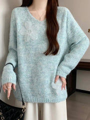 Lunivop 3D Floral Sweet Sweaters Women Loose Fashion V Neck Elegant Knitted Jumper Casual Chic Korean Female Fall Winter Long Sleeve Top