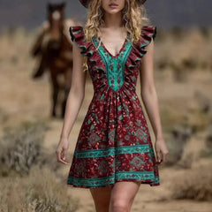 Lunivop  Vintage Chic Fashion Women Hippie Floral Print V-neck Bohemian Mini Dress Ladies Short Sleeve Summer Beach Wrap Boho Dresses