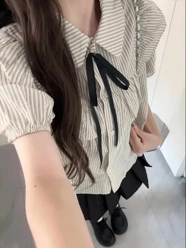 Lunivop  Preppy Style Peter Pan Collar Ruffles Puff Sleeve Shirts  Women+ High Waist Ruched Skirts Summer New Two Piece Sets