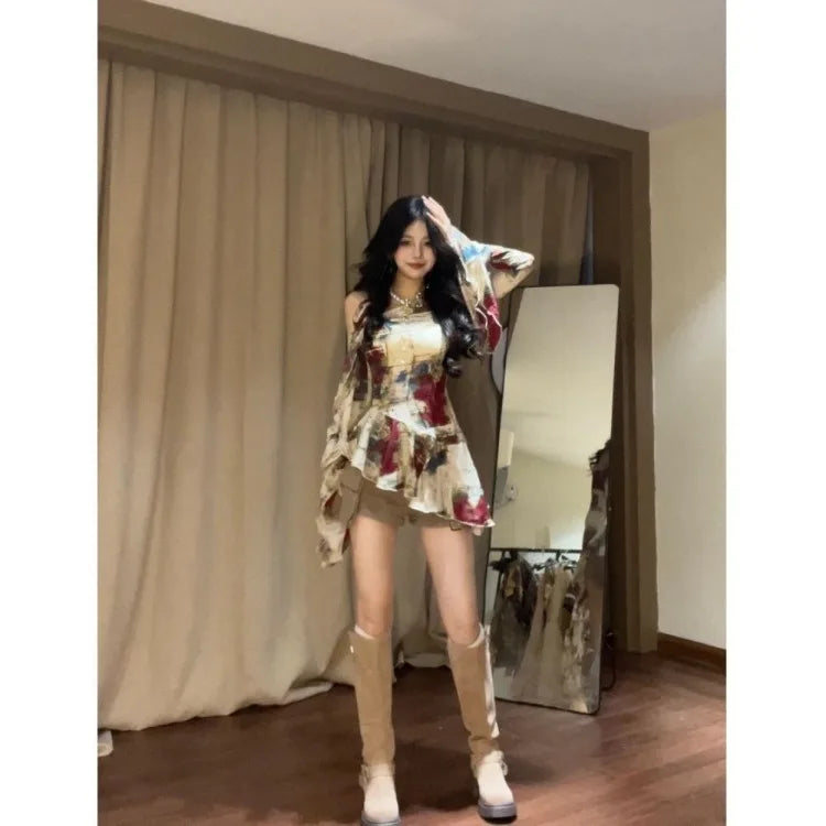 Lunivop  Elegant Vintage Oil Painting Blouses 2025 Summer New Shirts Women Irregular Skew Collar Off Shoulder Blusas De Mujer