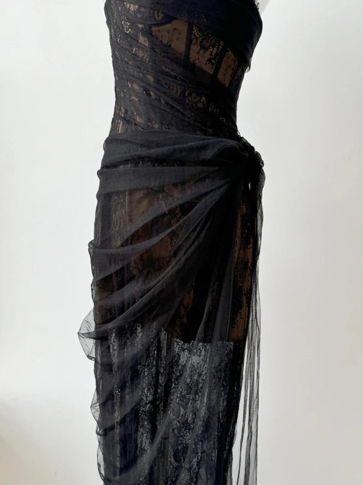 Lunivop Mesh Dress For Vacation,single Straps High Waist Long Vestido,pullover Sheer Fake Two Pieces Party Dresses