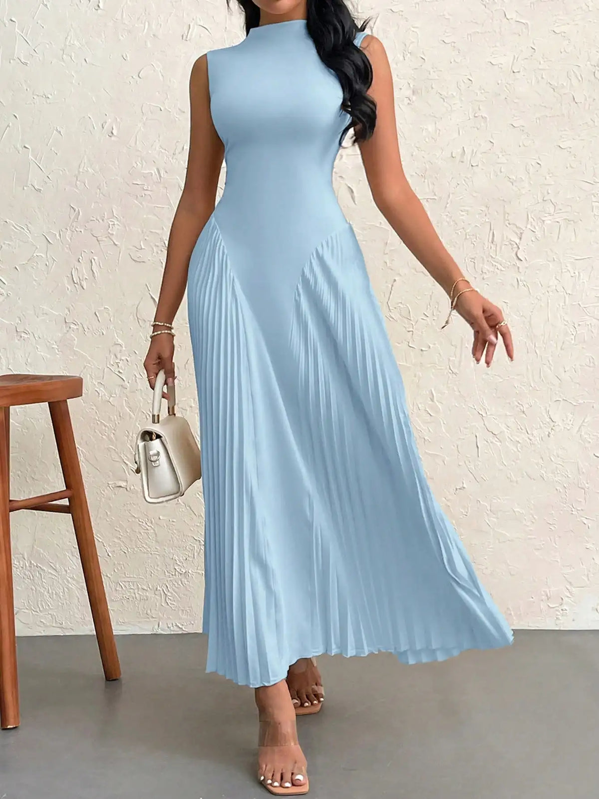 Lunivop  Elegant Pleated Slim A-Line Sleeveless High Neck Maxi Dress
