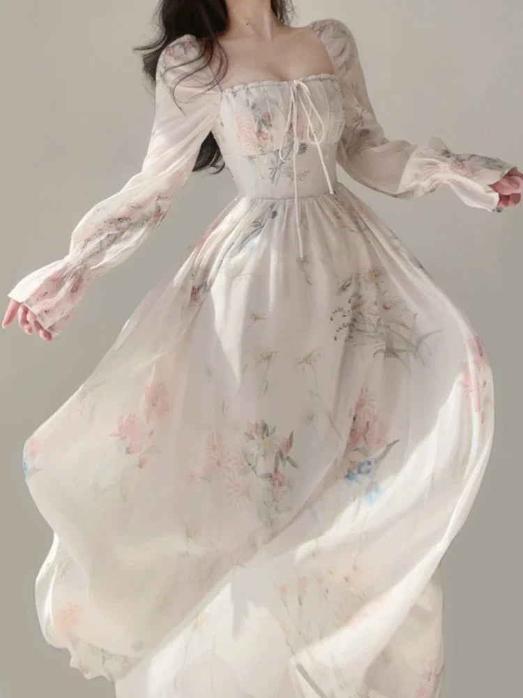 Lunivop  Summer Elegant Floral Fairy Dress Woman Beach Style Party Long Sleeve Midi Dress Fashion Female One Piece Dress Korean Boho