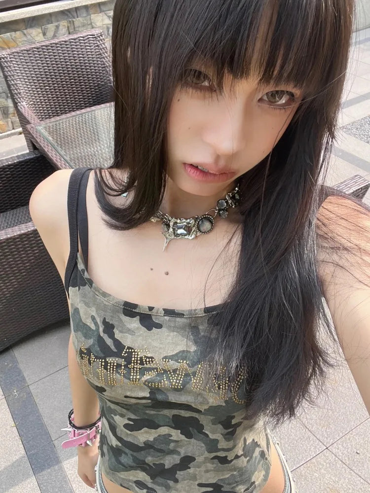 Lunivop  American Retro Cotton Camouflage Camisole 2025 Summer New Diamond Vest for Women Y2k Slim Fit Gothic Simple Yops Mujer