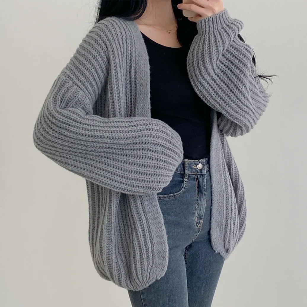 Lunivop Open Front Cardigan for Women Cozy Knit Oversized Open-up Sweater Grey Autumn Winter Teen-girl Casual Daily Outfit
