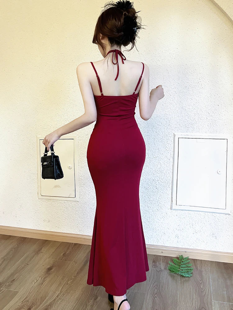 Lunivop  Women New Red Sexy Bow Flower Sling Long Dress Summer Elegant Ruffled Luxury Dress 2025 Korean Vintage Bodycon Dance Party Dress