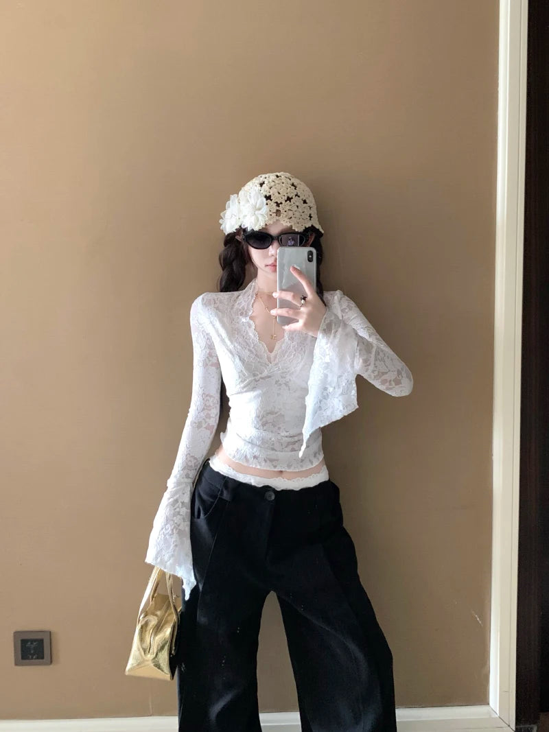 Lunivop Women's Long Sleeve Lace Top V-neck Flared Sleeve Sheer Lace Crop T-shirt Teen-girl Coquette Fairycore Y2K Outfit