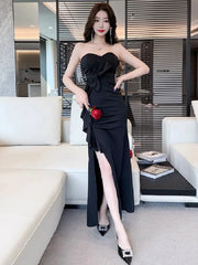 Lunivop  Woman Dress Sexy Strapless Bow Slim Elegant Split Backless Ruffles Slim Temperament Fashion Party Dresses Ladies
