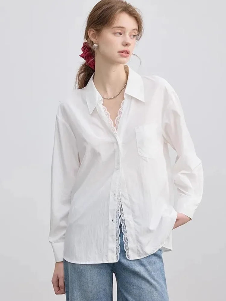 Lunivop Lace Patchwork White Shirt Women Elegant Long Sleeve Vintage Blouse American Casual Autumn Female Sweet Pocket Retro Tops