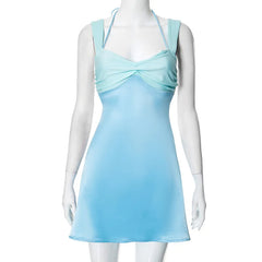 Lunivop  Satin Contrast Fashion Mini Dress Women Summer Square Collar Patchwork Slim Elegant Dress Female Y2k Lace-Up Dress