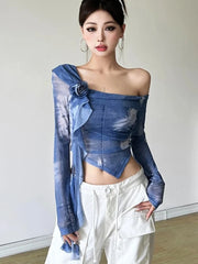 Lunivop 3D Floral Tie Dye T Shirts Women Sexy Off Shoulder Slim Y2K Tops Retro Streetwear Female Long Sleeve American Cropped Tees