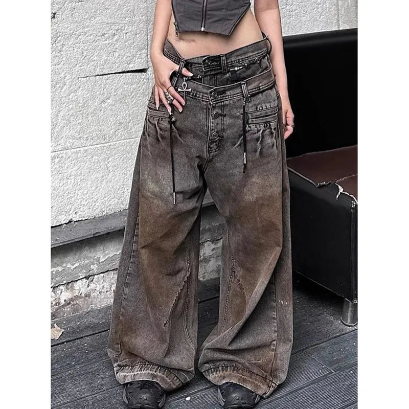 Lunivop Women's Casual Style Vintage Aesthetic Jeans Mop Loose Washed Pants Winter Y2K Wide Leg Punk Baggy Harajuku Denim Trouser