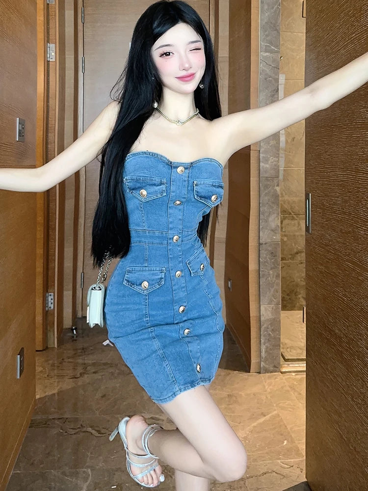 Lunivop  Summer Blue Denim Chic Chest Wrapping Sexy Hip Wrap Dress Women Elegant Casual Mini Dress 2025 Korean Fashion Bodycon Prom Dress