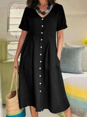 Lunivop  Spring/Summer New Cotton and Hemp Dress V-neck Fashion Short Sleeved Single Breasted Elegant Loose High Waist Pleated Dress