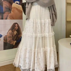 Lunivop  Sweet White Lace Cake Skirt for Women Y2k E-Girl High Waist A-line Skirts 2025 Spring New Mid-length Loose Faldas Largas