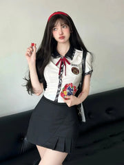 Lunivop  Kawaii Uniform College Style Japanese Suits Summer Sweet Fashion Vintage Girls Blue Shirt Mini Pleated Skirts 2-piece Set