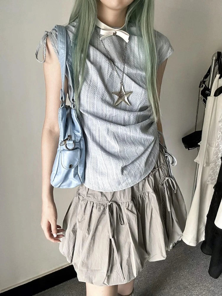 Lunivop  Subculture Y2k Aesthetics Pleated Tshirt Grunge Gothic Skull Print T-Shirts Gothic 2000s Tops O-neck Blouses Japanese Harajuku