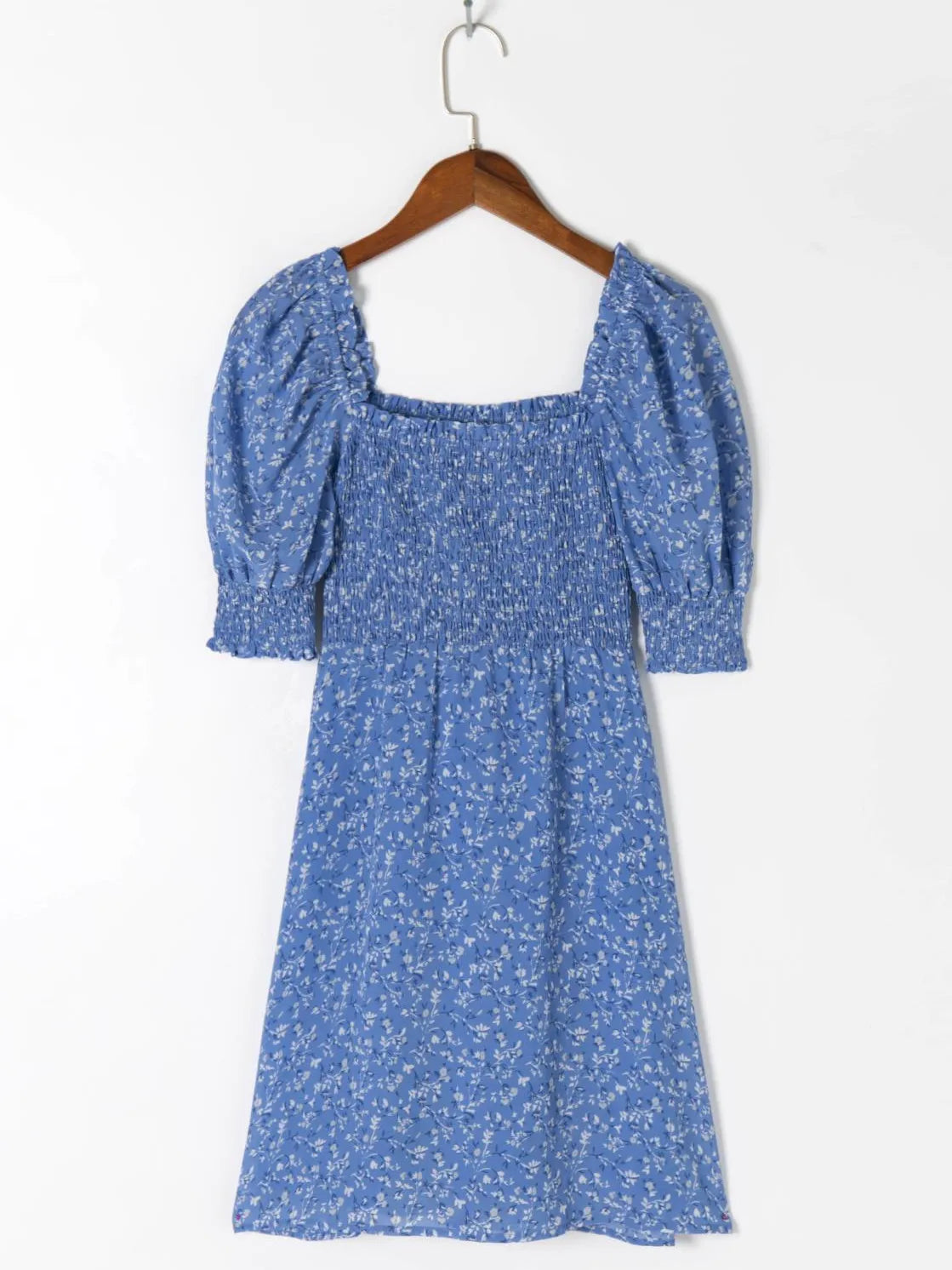 Lunivop  Retro French Style Blue Floral Print Square Collar Dress Puff Sleeve Elastic Ruched Chest Woman Dresses Holiday Robe Female