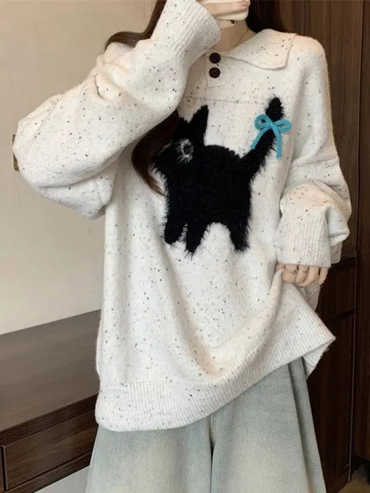 Lunivop Cute Cartoon Bow Sweaters Women Loose Vintage Long Sleeve Kawaii Knitted Jumper Japan Casual Preppy Style Retro Pullovers