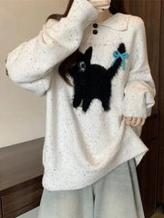 Lunivop Cute Cartoon Bow Sweaters Women Loose Vintage Long Sleeve Kawaii Knitted Jumper Japan Casual Preppy Style Retro Pullovers
