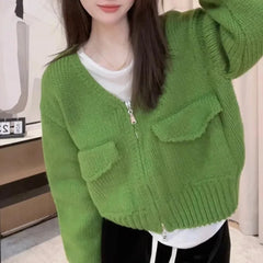 Lunivop Women's Zip Up Knit Cardigan with Pocket V-neck Zipper Front Crop Sweater Jacket Female Teen-girl Autumn Winter Y2K Outfit