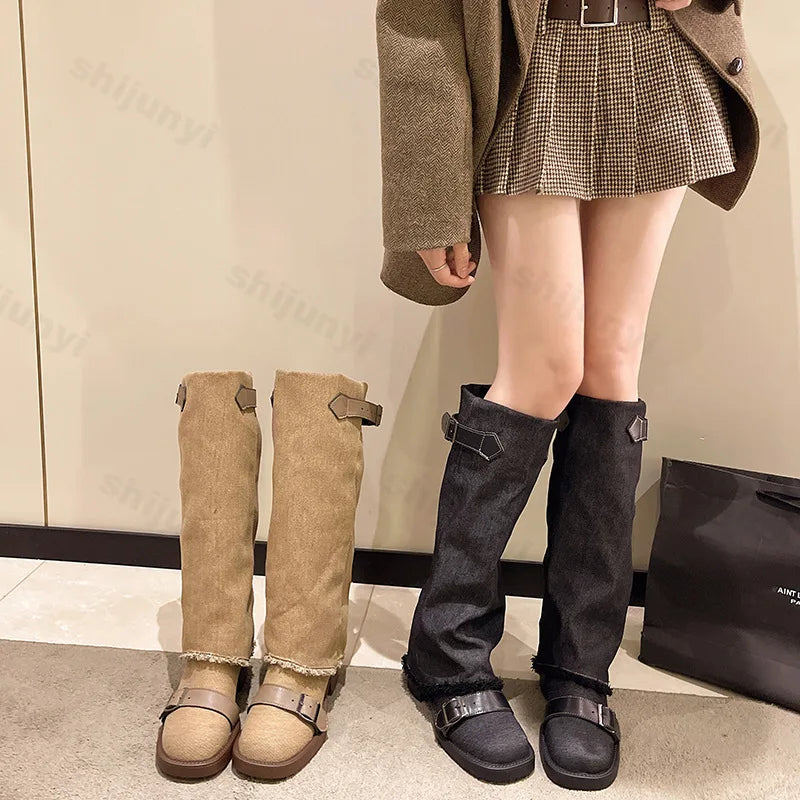 Lunivop Fashion Vintage Autumn Winter Soft Trouser Leg Boots Women Shoes Designer Buckle Chunky High Heels Slip on Knee High Boots