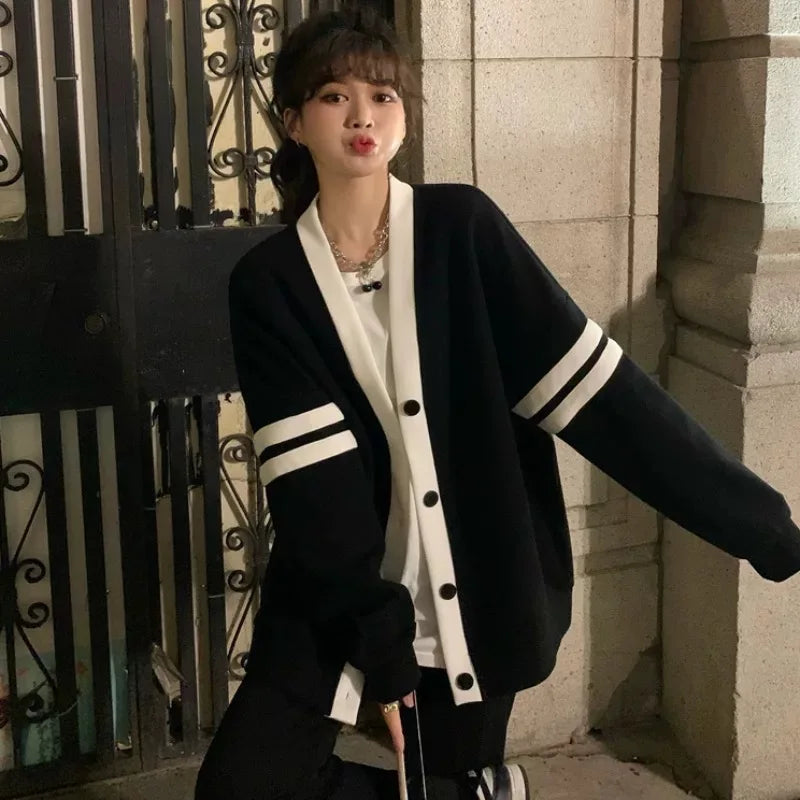 Lunivop Varsity Cardigan Sweater for Women Long Sleeve V-Neck Button-up Knit Slouchy Cardi Korean School-girl Preppy Fall Winter Outfit