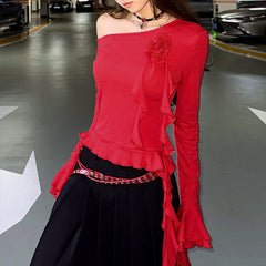 Lunivop  Women's Elegant Flare Sleeve Ruched Red T Shirts Fashion 2025 Autumn Skew Collar 3D Flower Ruffles Irregular Solid Club Tee Tops