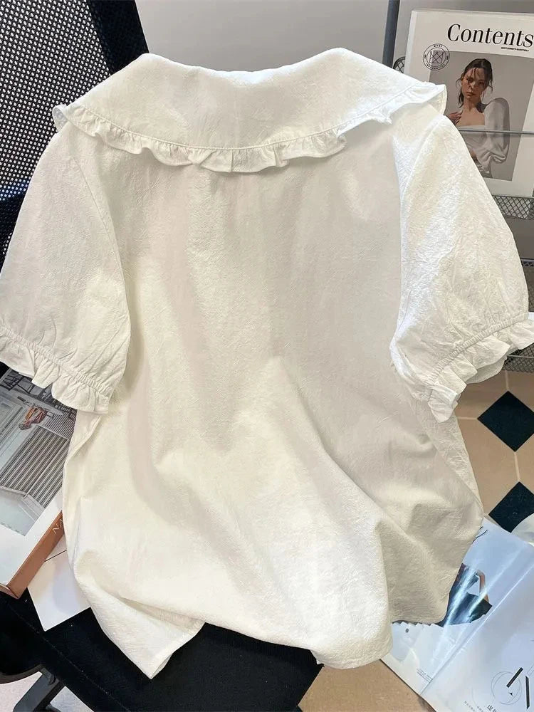Lunivop  Lolita Cute White Shirt Women Vintage Short Sleeve Kawaii Blouse Japan Preppy Style Embroidery Peter Pan Collar Retro Tops