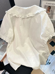 Lunivop  Lolita Cute White Shirt Women Vintage Short Sleeve Kawaii Blouse Japan Preppy Style Embroidery Peter Pan Collar Retro Tops