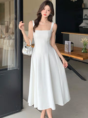 Lunivop  New White Square Collar Sling Sexy Long Dress Women Elegant Luxury Dance Party Dress Summer Korean Vintage Bodycon Vestidos