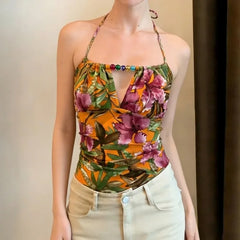 Lunivop  Vintage Euramerican Temperament Halter Sleeveless Beach Style Tank Tosp Y2k Hollow Out Beading Flower Print Camisole Punk Tops