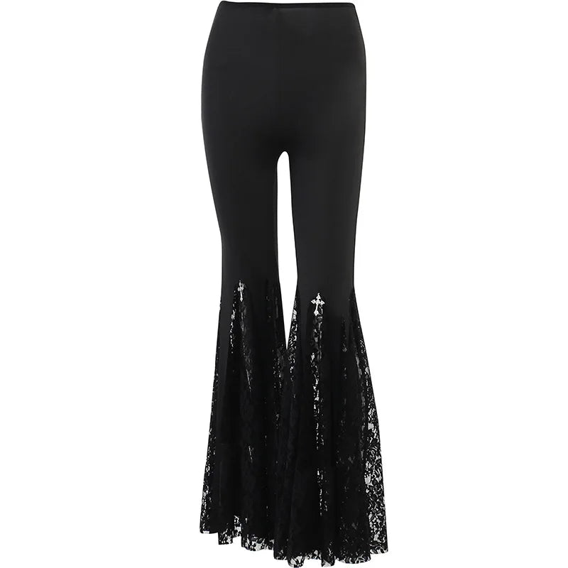 Lunivop Goth Mall Flare Pants Sexy Black Lace Patchwork High Waist Vintage Harajuku Hippie Punk Grunge Streetwear  Y2k Pants