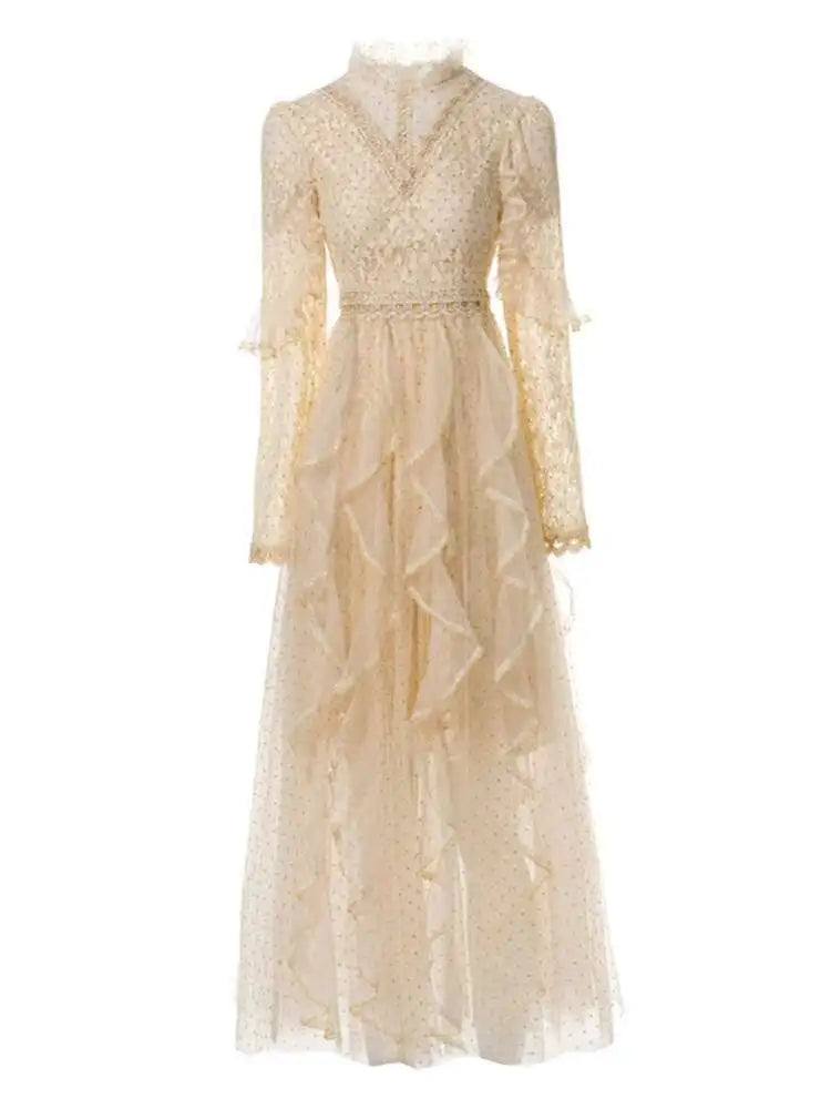 Lunivop Solid Lace Splice Dot Women's Dresses Stand Neck Long Sleeve High Waist Elegant Dress Female Autumn 2025 New