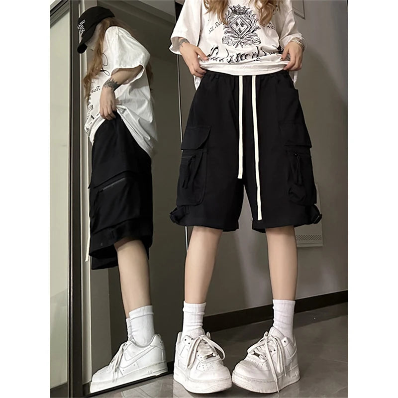 Lunivop Y2K Cargo Shorts Pants Women High Waist Drawstring Baggy Pockets Casual Knee-Length Shorts Bf Korean Streetwear Jogging Pants