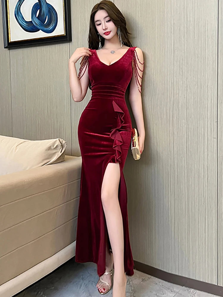 Lunivop  Spring Autumn Green Velvet Chic Tassel Sling Sexy Long Dress Women Elegant Ruffle Slit Dress Korean Fashion Bodycon Dresses