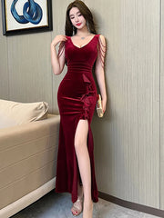 Lunivop  Spring Autumn Green Velvet Chic Tassel Sling Sexy Long Dress Women Elegant Ruffle Slit Dress Korean Fashion Bodycon Dresses