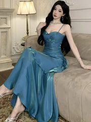 Lunivop  Elegant Solid Party Dress for Women Sexy Spaghetti Strap Sleeveless Evening Dresses Summer Spring Slim Waist Vestidos Long Robe